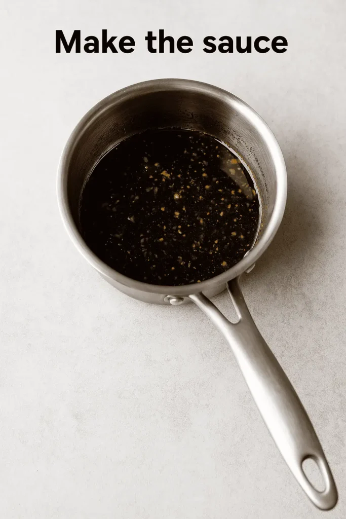 Make the sauce: In a small pan, simmer 1/4 cup soy sauce, 2 tbsp maple syrup, 1 tbsp rice vinegar, 1 clove minced garlic, and 1 tsp grated ginger. Stir in 1 tsp cornstarch + 2 tsp water (slurry) to thicken. Set aside.