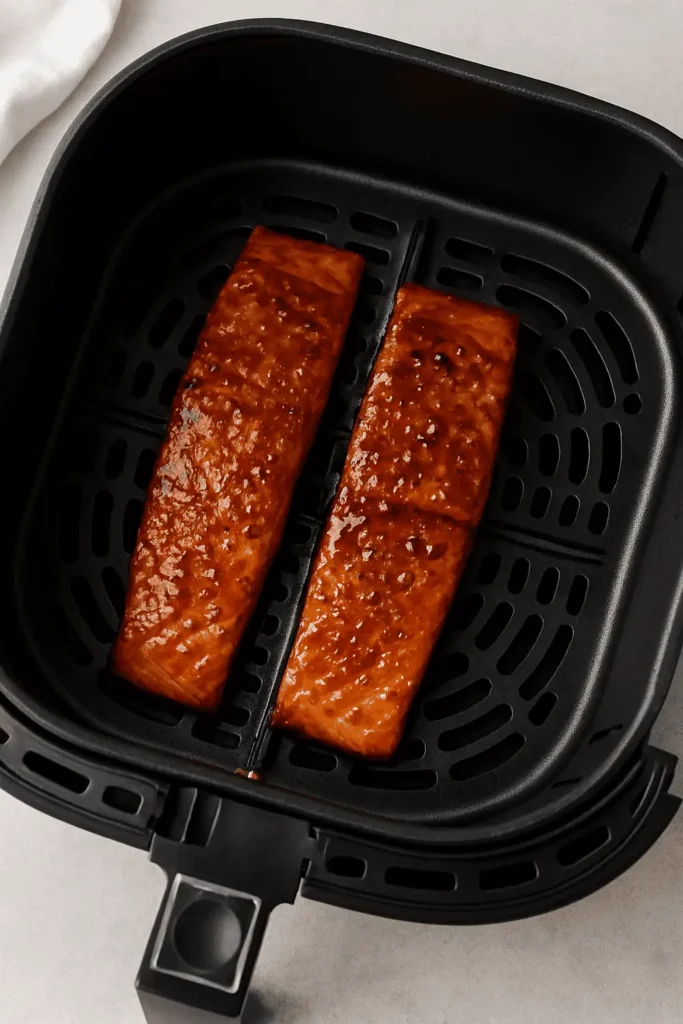Air fry: Preheat air fryer to 400°F. Place salmon in basket skin-side down. Cook for 7-9 minutes, brushing once more halfway through.