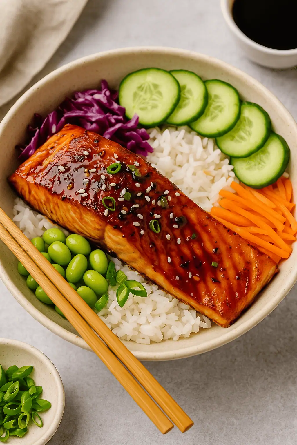 Assemble bowls: Add rice to bowls. Top with salmon and your favorite toppings. Drizzle extra sauce over everything.