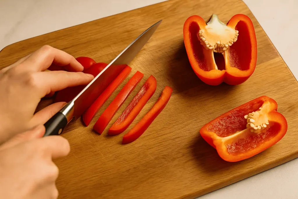 Prep the peppers: Wash and dry your peppers. Cut them into 1-inch wide pieces, removing all seeds and white membranes.