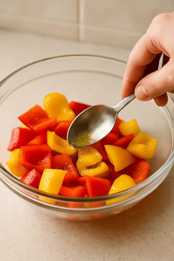 2. Toss with seasoning: In a bowl, combine the pepper pieces with 1 tbsp olive oil, a pinch of salt, and a pinch of sugar (optional). Toss to coat evenly.