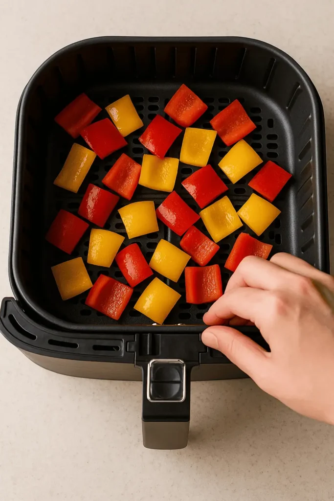 Air fry - phase 1: Place peppers in a single layer in the basket. Cook at 380°F for 8 minutes, shaking the basket halfway.