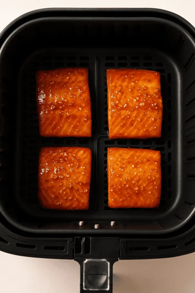 5. Place salmon in the air fryer basket, skin-side down if using skin-on. Make sure they’re not touching. Pro Tip: Don’t overcrowd the basket — air circulation is key to crispiness.