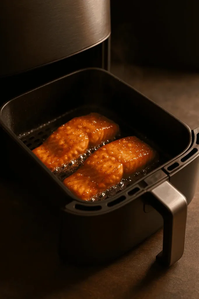 Air fry at 400°F for 7-9 minutes, depending on thickness. The salmon is done when it flakes easily and reaches 125-130°F internally.