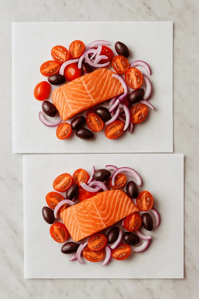 Assemble the packets: Place a salmon fillet in the center of one half. Top with tomatoes, olives, onion. Drizzle with olive oil and lemon juice. Sprinkle with oregano, salt, and pepper.
