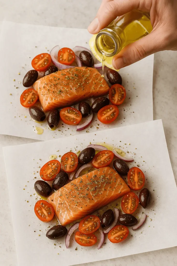 Seal the packet: Fold the parchment over and crimp the edges tightly to seal, forming a half-moon shape. Leave room inside for steam.