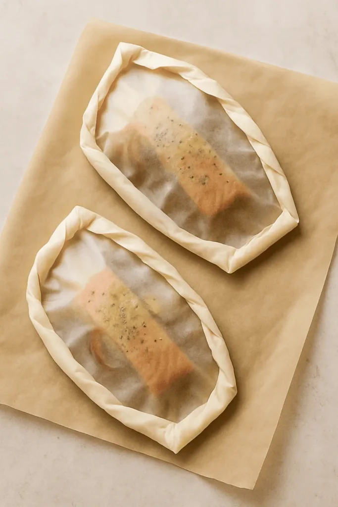 Seal the packet: Fold the parchment over and crimp the edges tightly to seal, forming a half-moon shape. Leave room inside for steam.
