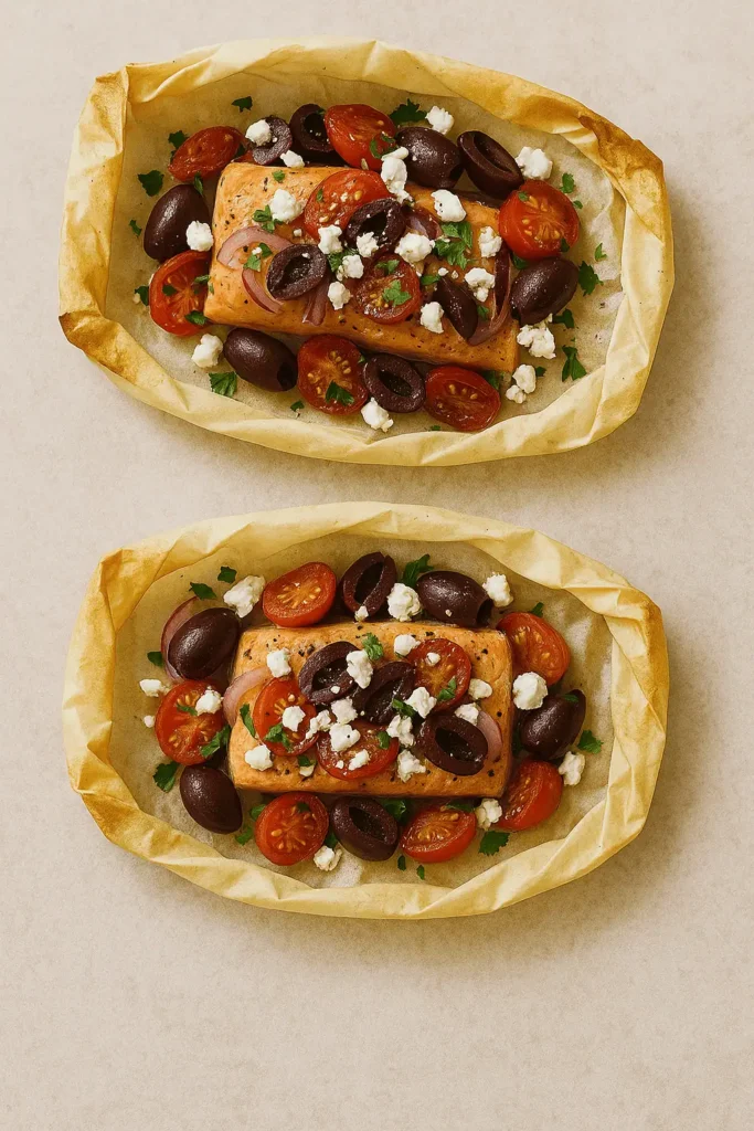 Finish and serve: Open packets carefully (steam alert!) and sprinkle with feta cheese before serving.