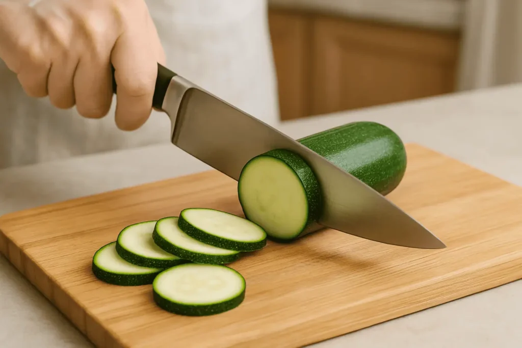 Slice the zucchini into even ⅛-inch rounds. Pat dry with paper towels if wet.