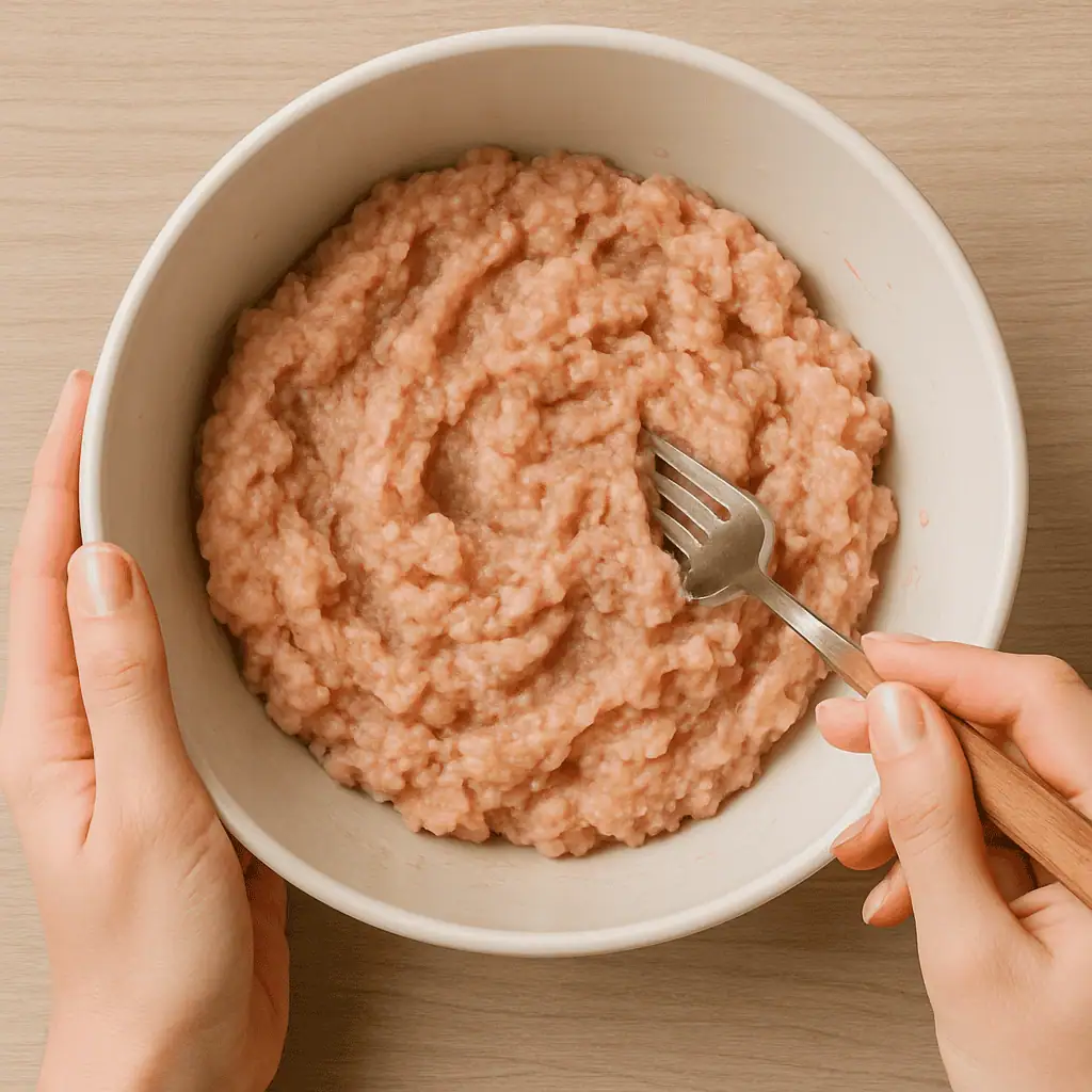 1. Mix the chicken patties. In a bowl, combine 1 pound ground chicken, 1/4 cup breadcrumbs, 1 egg, 1/2 teaspoon garlic powder, 1/2 teaspoon onion powder, 1/2 teaspoon salt, and a pinch of pepper. Mix just until combined — don’t overmix.