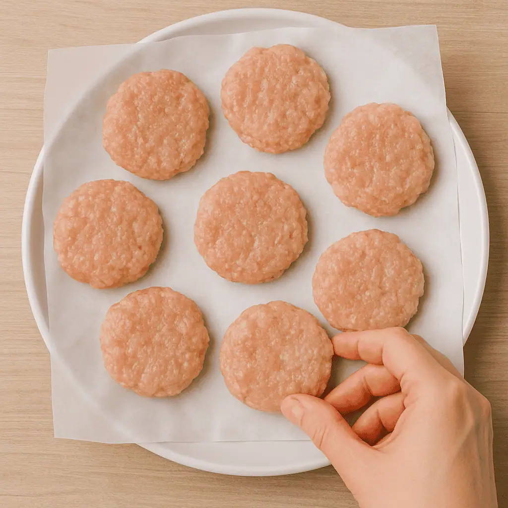 2. Shape the patties. Divide the mixture into 8–10 equal portions and shape into mini patties about 2–2.5 inches wide. Place them on a parchment-lined plate or tray.