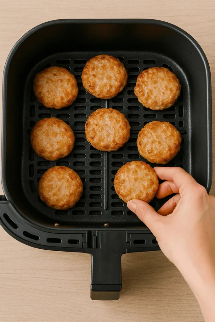 4. Air fry the patties. Lightly spray the basket with oil, place the patties in a single layer (don’t overcrowd), and air fry at 375°F for 9–11 minutes, flipping halfway through, until they reach 165°F internally.Pro Tip: Don’t overcrowd the basket — air circulation is key to even cooking and crispy edges!