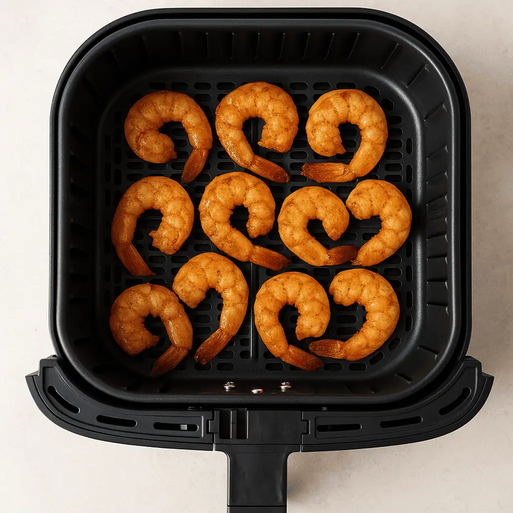 4. Cook the shrimp: Air fry at 400°F for 6–8 minutes, shaking the basket halfway through, until the shrimp are opaque and slightly golden.