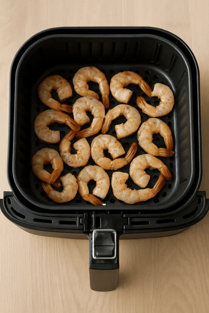 3. Arrange in the basket: Place the shrimp in a single layer in the air fryer basket. Work in batches if needed.Pro Tip: Don’t overcrowd the basket — air circulation is key to crispiness.