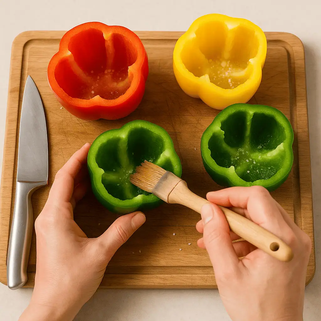 Prep the Peppers: Cut the tops off 4 large bell peppers and remove seeds and membranes. Lightly brush the insides with oil and sprinkle with a pinch of salt.