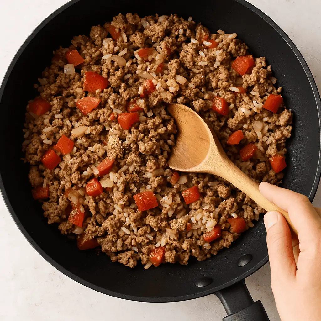 Cook the Filling: In a skillet, cook 1 pound ground beef over medium heat until browned. Drain excess fat, then add 1/2 diced onion and 2 cloves minced garlic. Cook 2–3 minutes until soft. Stir in 1 cup cooked rice, 1 cup diced tomatoes, 1 teaspoon Italian seasoning, salt, and pepper to taste. Heat through.