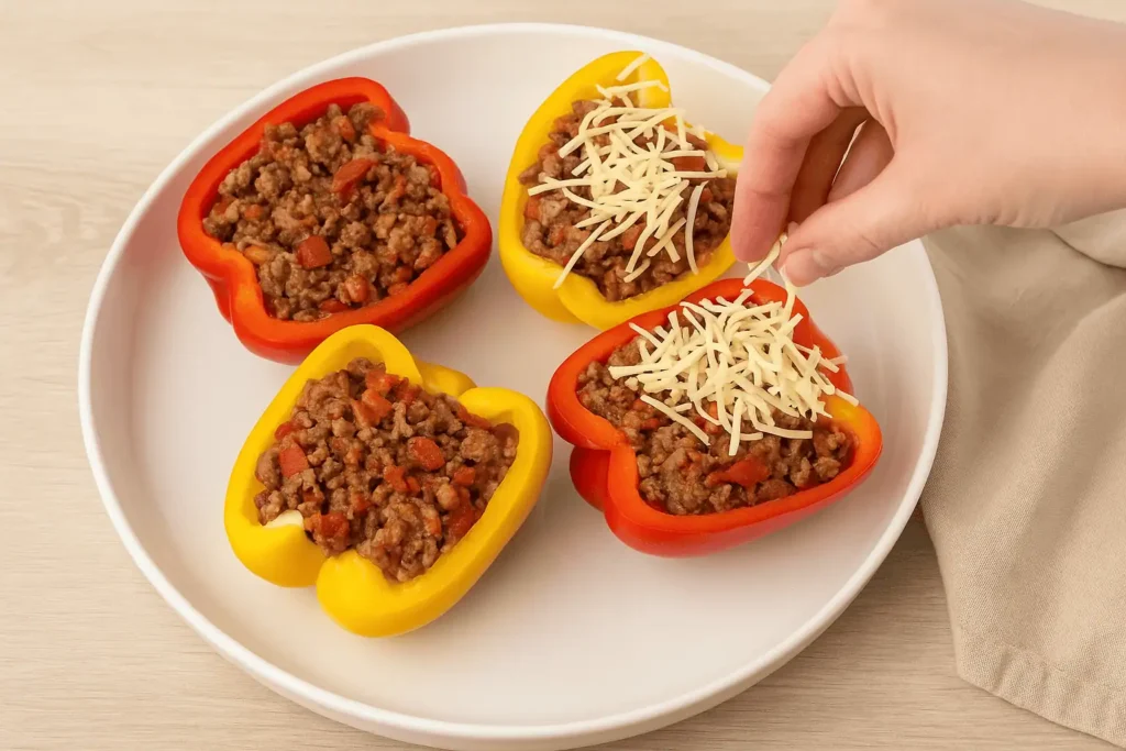 Stuff the Peppers: Spoon the filling evenly into each pepper. Top with shredded cheese.
