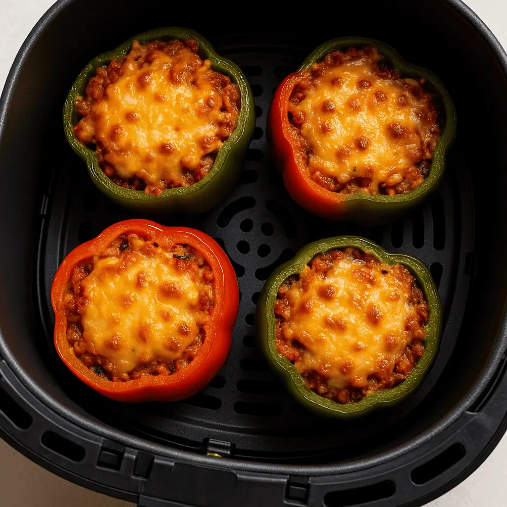 Air Fry the Peppers: Preheat air fryer to 360°F (180°C). Place stuffed peppers in the basket in a single layer. Air fry for 10–12 minutes, or until peppers are tender and cheese is melted and golden.