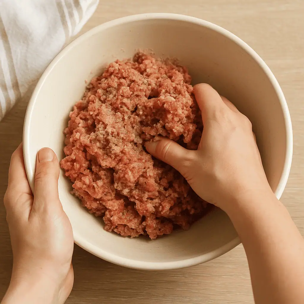 2. Make the meatball mixture: In a large bowl, combine 1 lb ground beef, 1/3 cup breadcrumbs, 2 tablespoons milk, 1 egg, 1/2 teaspoon garlic powder, 1/2 teaspoon onion powder, 1/2 teaspoon salt, and 1/4 teaspoon pepper. Mix gently — don’t overwork it!