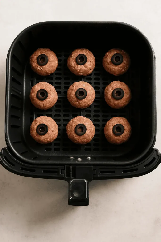 4. Add the eyeballs: Place a slice of black olive on top of each meatball and press gently so it sticks.