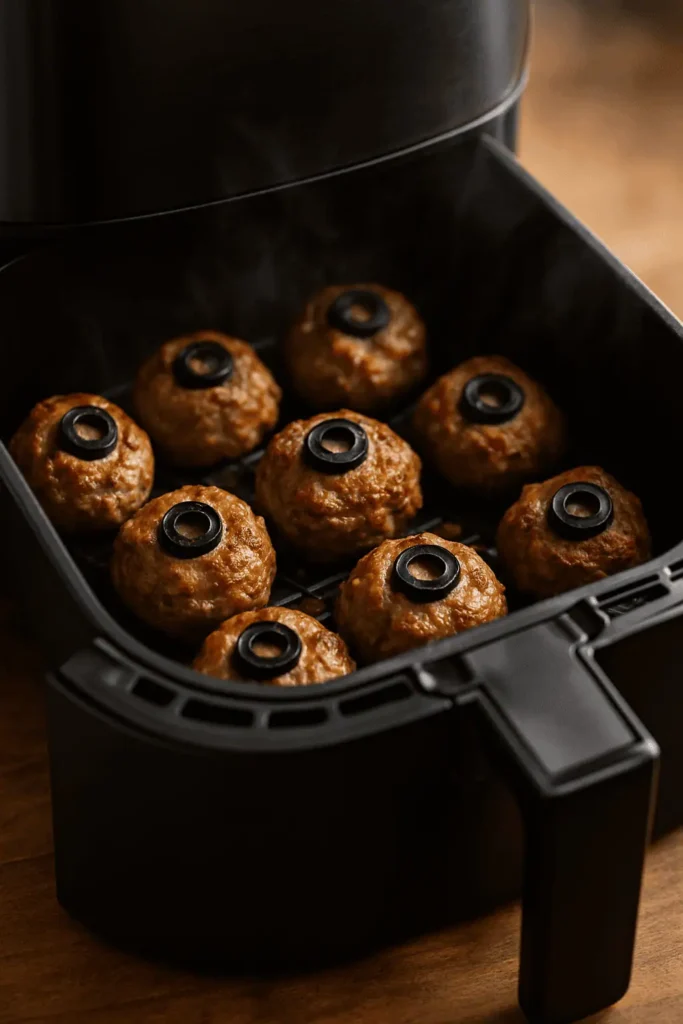 5. Air fry in batches: Spray the air fryer basket with oil. Place meatballs in a single layer, olive-side up. Air fry at 380°F for 10–12 minutes, until cooked through (internal temp should be 160°F). Pro Tip: Don’t overcrowd the basket — air circulation is key for even browning!