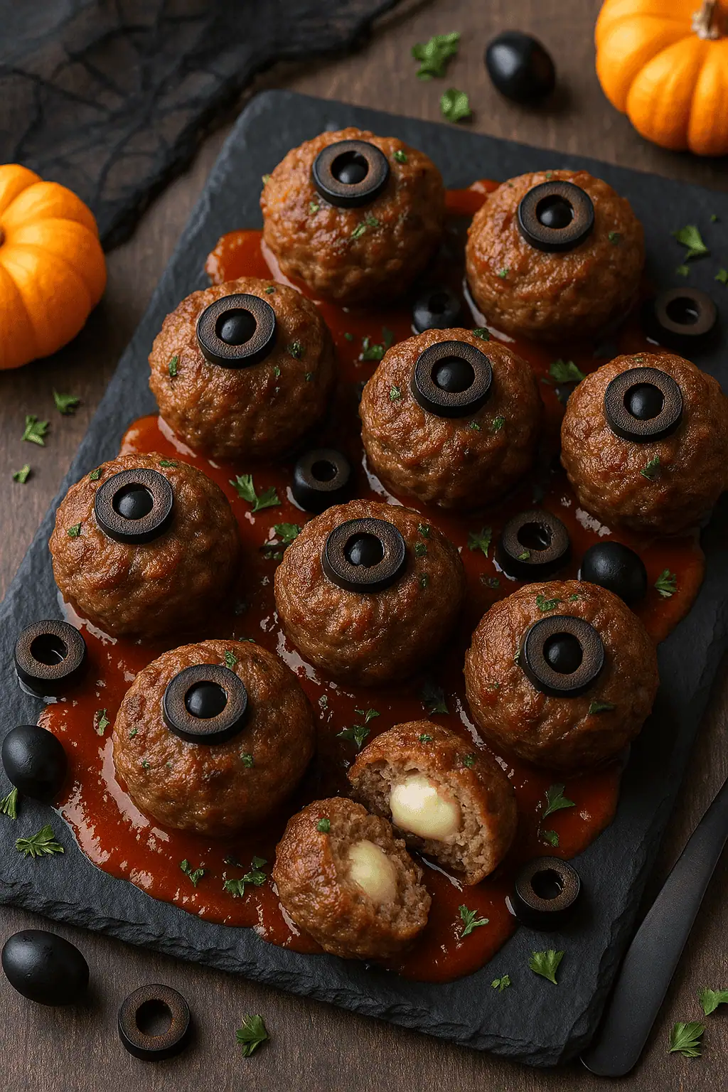 6. Cool slightly and serve: Let them sit for 2 minutes so the cheese sets a bit. Plate with a drizzle of “bloody” marinara or serve with toothpicks for party bites!