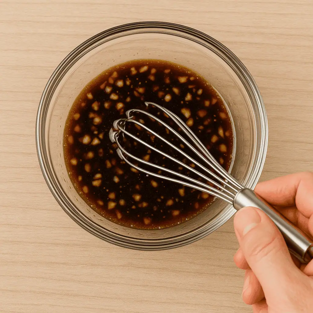 Make the marinade – In a small bowl, whisk together 1/4 cup honey, 2 tablespoons soy sauce, 4 minced garlic cloves, and 1 tablespoon rice vinegar.