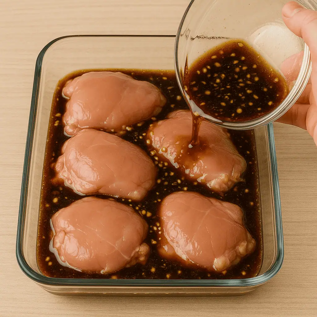 Marinate the chicken – Place 1.5 pounds of boneless, skinless chicken thighs in a shallow dish or zip-top bag. Pour the marinade over and coat well. Let it sit for 30 minutes at room temp.
