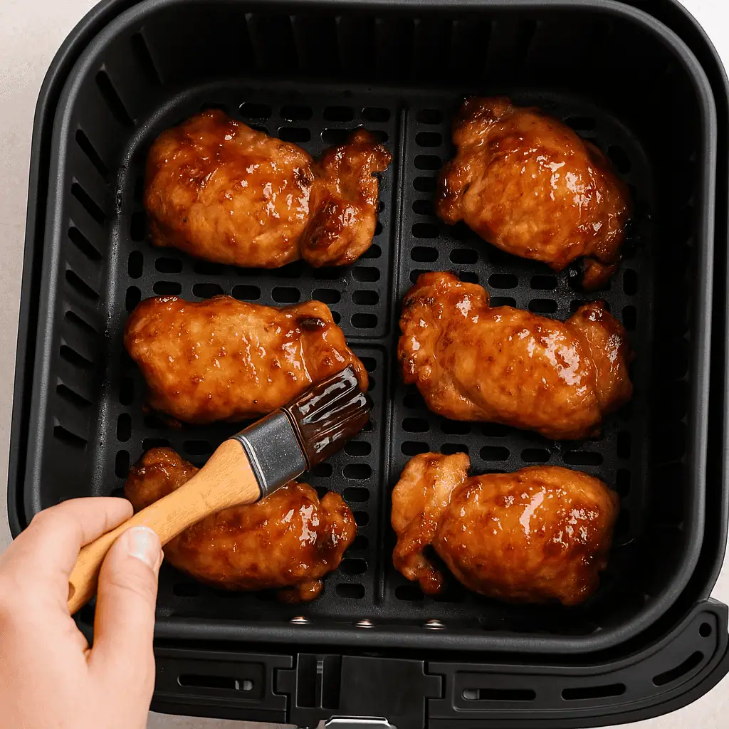 Glaze & flip – Brush the chicken with reserved marinade, flip, and brush the other side too.