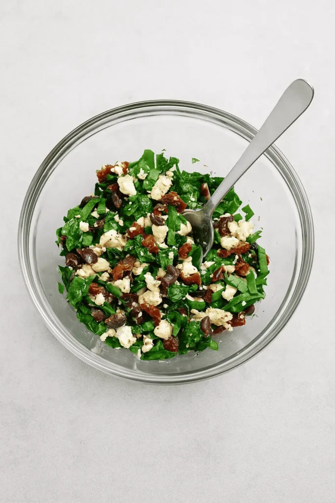 3️⃣ Make the filling. In a bowl, mix together chopped spinach, sun-dried tomatoes, feta, olives, minced garlic, and a pinch of Italian seasoning.