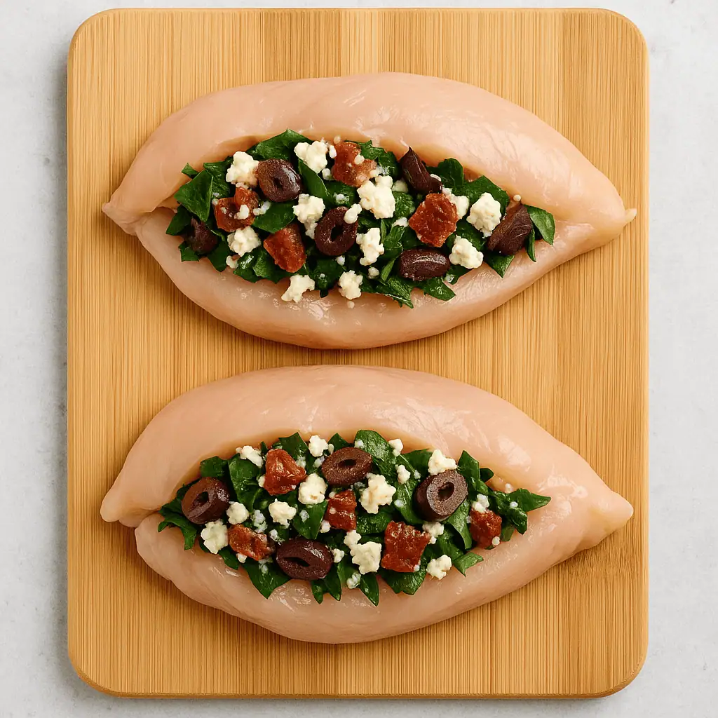 4️⃣ Stuff the chicken. Open each breast and spoon the filling onto one side, then fold back over to enclose. Secure with toothpicks if needed.