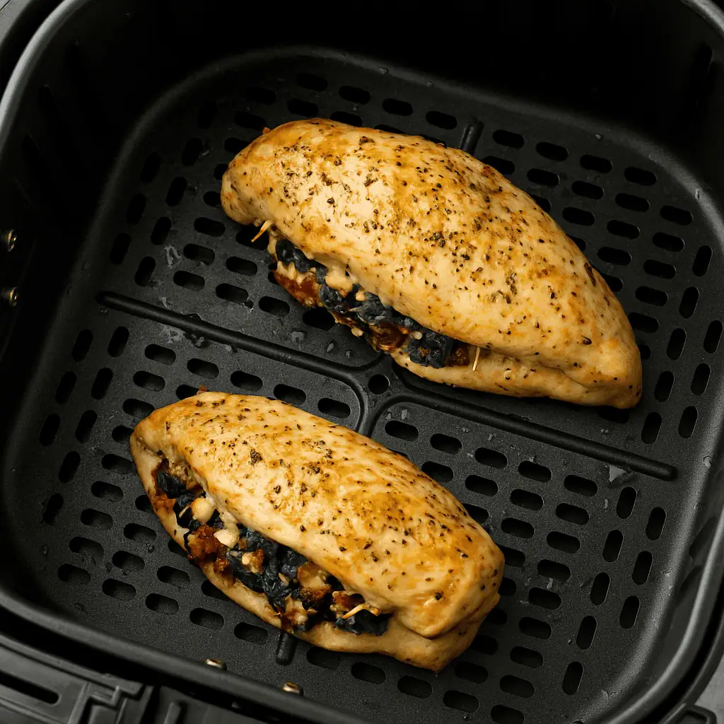6️⃣ Air fry. Place the chicken in your basket in a single layer. Air fry at 375°F for 18–22 minutes, flipping halfway, until the internal temperature reaches 165°F.