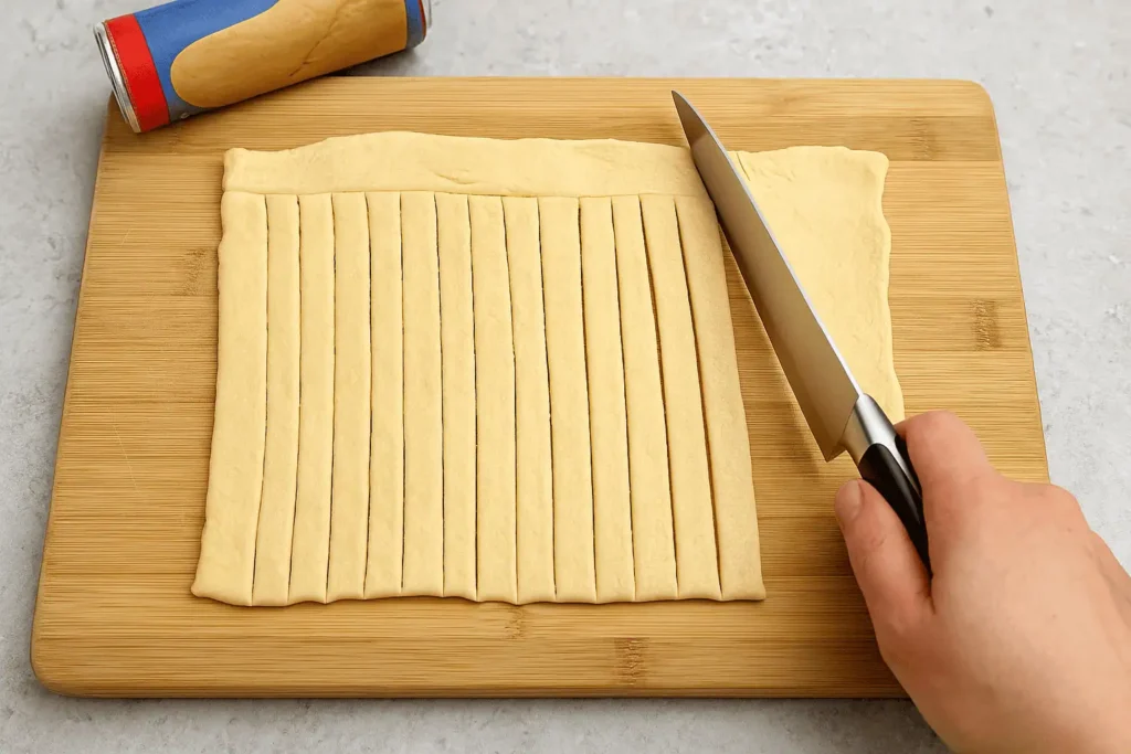 2️⃣ Prepare the dough. Unroll the crescent roll dough and press the perforations together to make one solid sheet. Using a sharp knife or pizza cutter, slice thin strips about 1/4 inch wide.