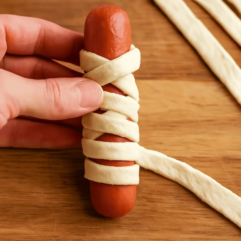 3️⃣ Wrap the hot dogs. Take one strip at a time and wrap it around a hot dog, leaving a little gap near the top for the “eyes.” It doesn’t have to be perfect — the messy look adds to the mummy effect!