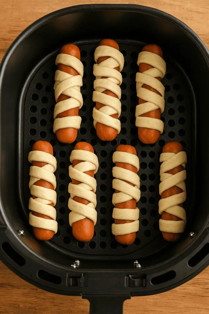 4️⃣ Place in basket. Arrange the wrapped hot dogs in a single layer in your air fryer basket. Pro Tip: Don’t overcrowd the basket — you want space for the air to circulate for even cooking.