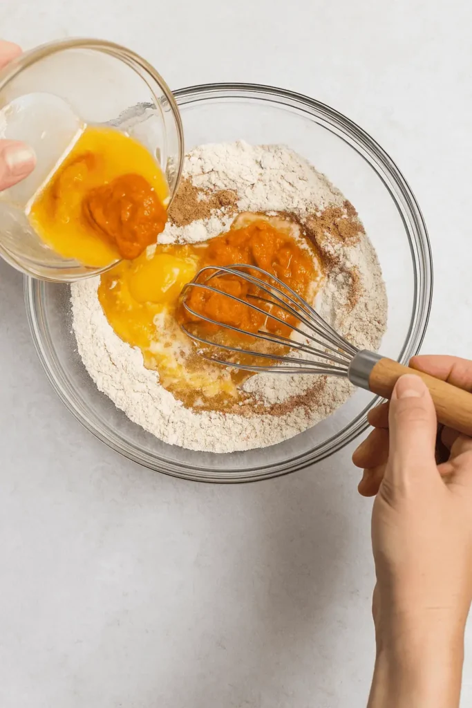 2️⃣ Make the dough. In a large bowl, whisk together flour, pumpkin spice, baking powder, baking soda, salt, and brown sugar.