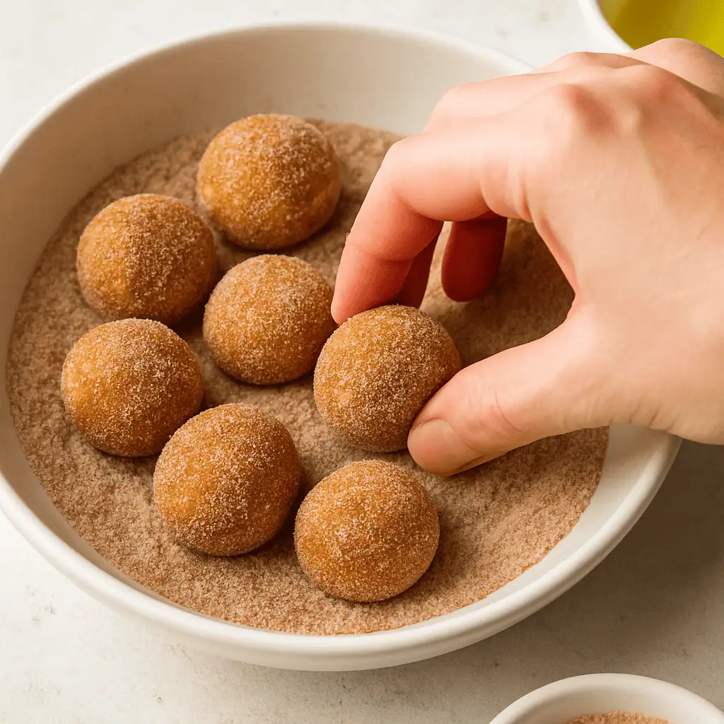6️⃣ Coat in cinnamon sugar. While still warm, brush with melted butter and roll in the cinnamon sugar mixture. Serve warm!