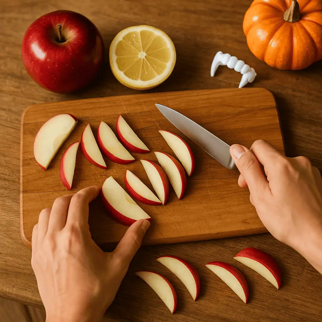 Wash and core your apples. Cut each apple in half, then slice into thin wedges (about 1/8-inch thick) that resemble little fang shapes.