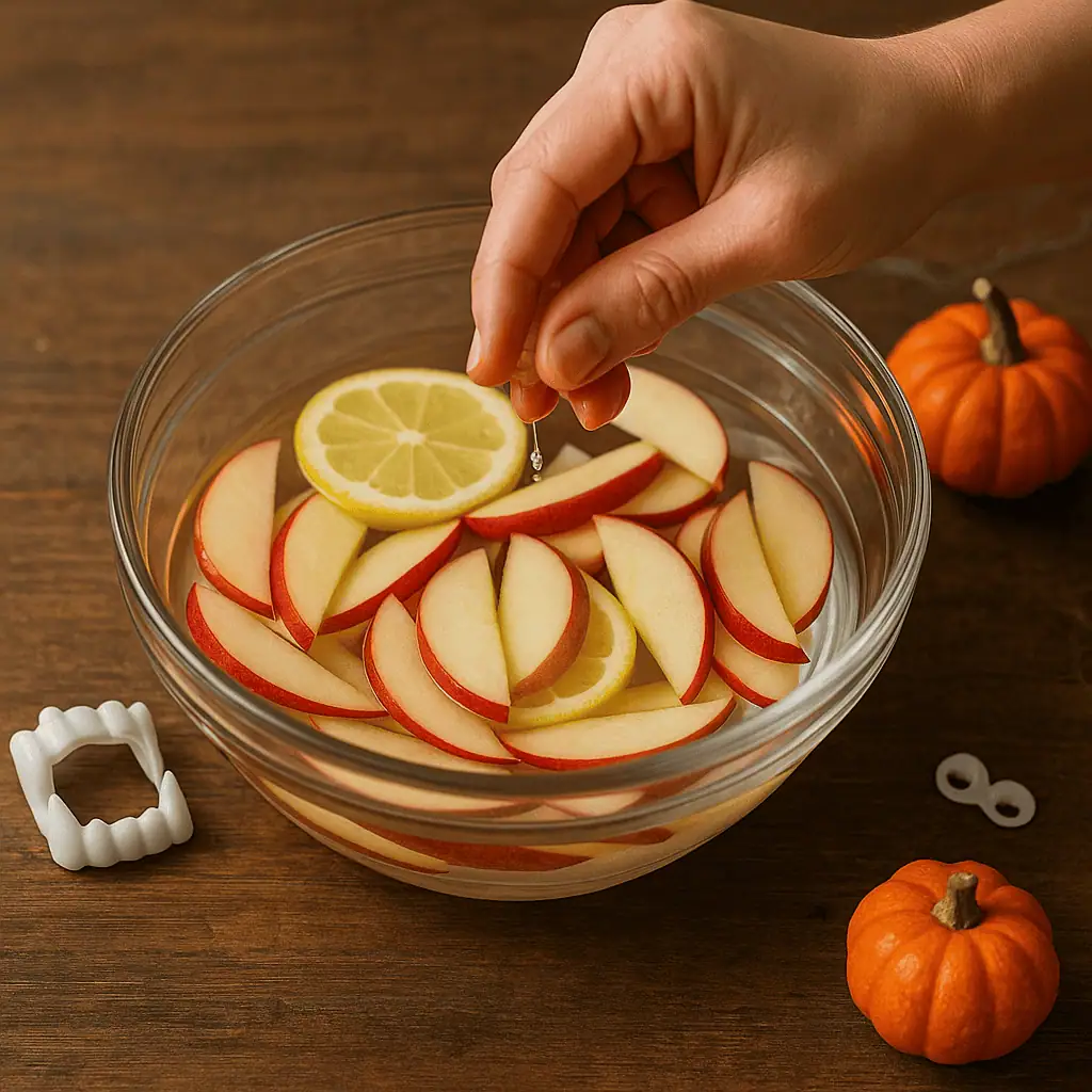 In a bowl of cold water with a few tablespoons of lemon juice, soak the apple slices for 3–5 minutes to prevent browning. Drain and pat dry.