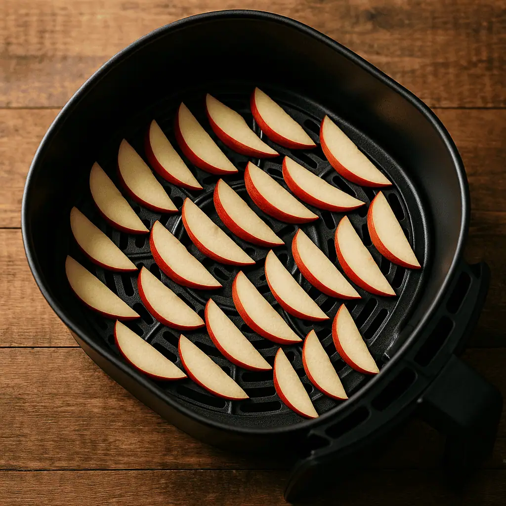4. Arrange and season
Arrange apple slices in a single layer in the basket. Lightly spray with olive oil if desired, and sprinkle with cinnamon-sugar if using.
Pro Tip: Don’t overlap the slices — air needs to circulate for max crispiness!