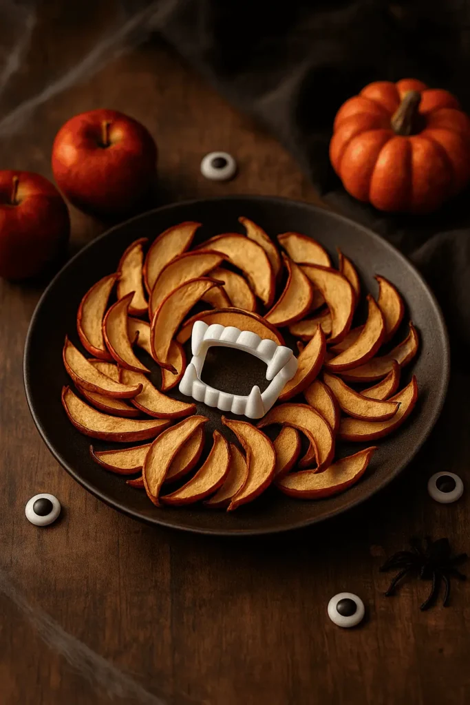 Let chips cool for 5–10 minutes — they crisp up even more as they cool. Serve as is, or arrange in a bowl with a little plastic vampire fang prop for a spooky touch.