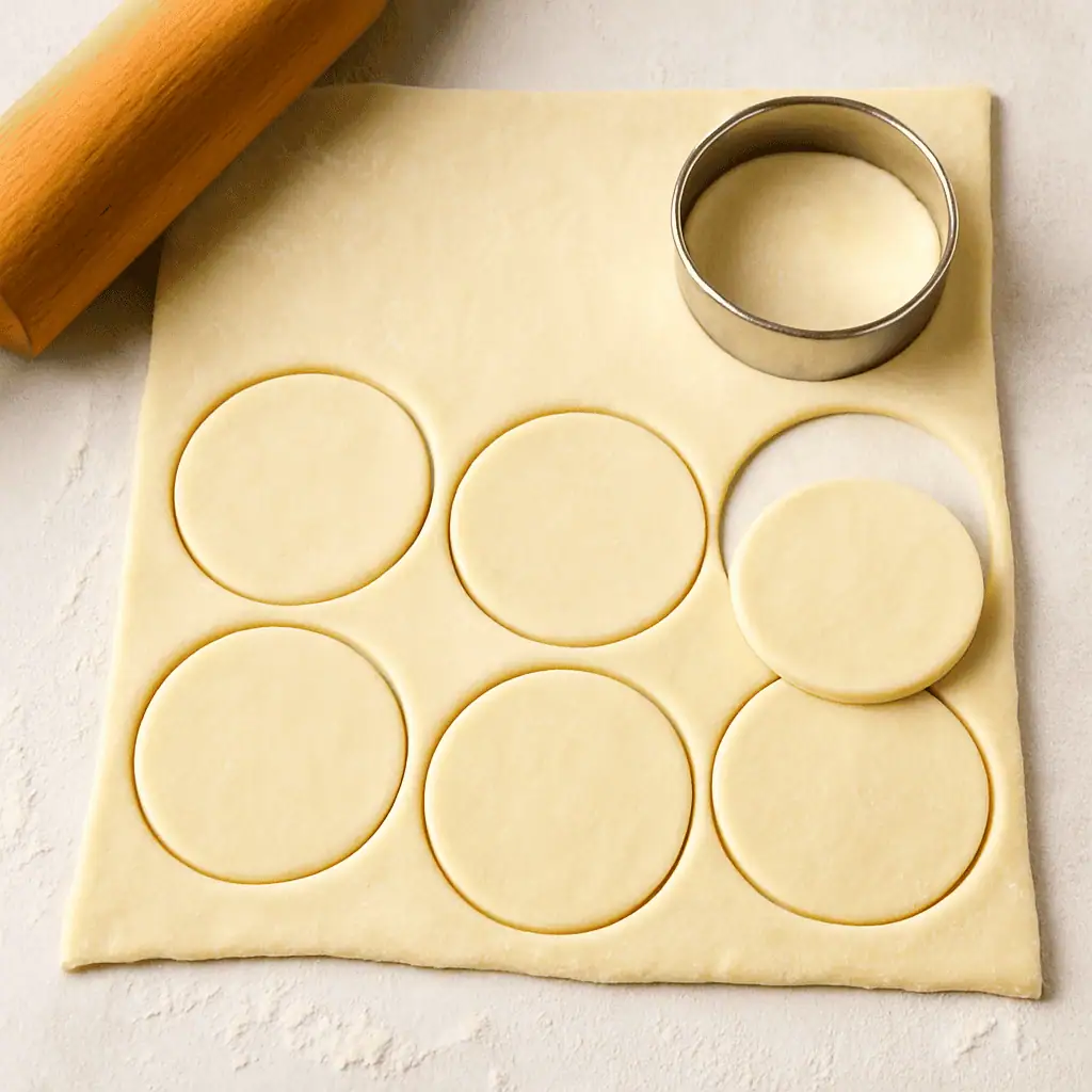 Roll out the pastry on a floured surface and cut into circles using a cookie cutter or glass (about 3 inches in diameter). You’ll need two circles per hat.