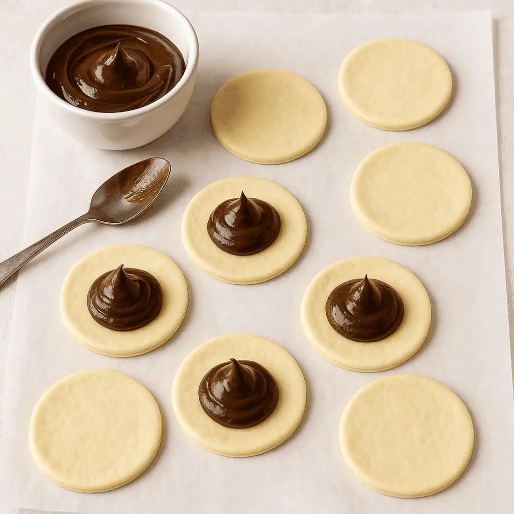 Add filling.
Place a small dollop of your chosen filling in the center of half the circles.