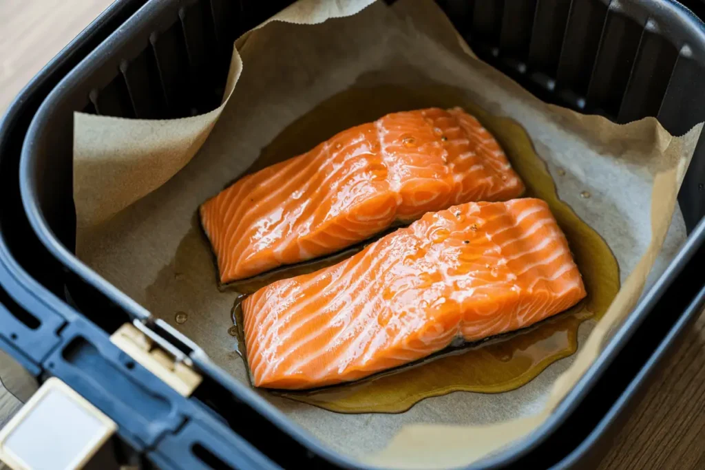 Honey-glazed salmon on parchment in air fryer with paper edge starting to lift.