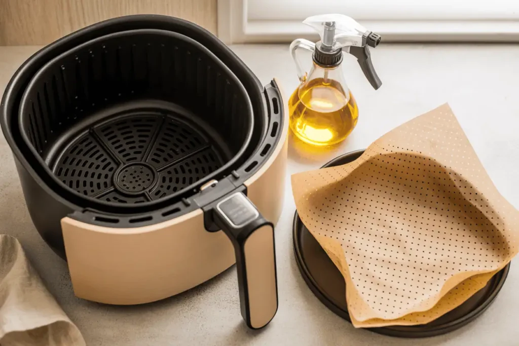 Silicone liner, perforated parchment, and oil sprayer displayed as air fryer liner alternatives.