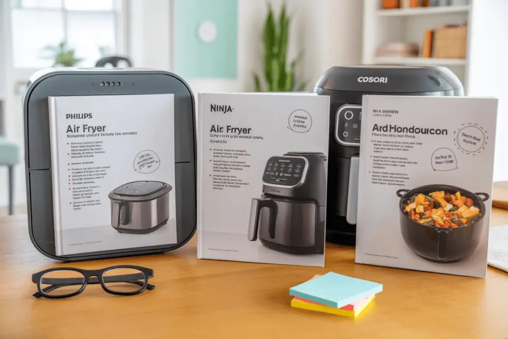 Air fryer brand manuals with highlighted safety notes about foil and parchment use.