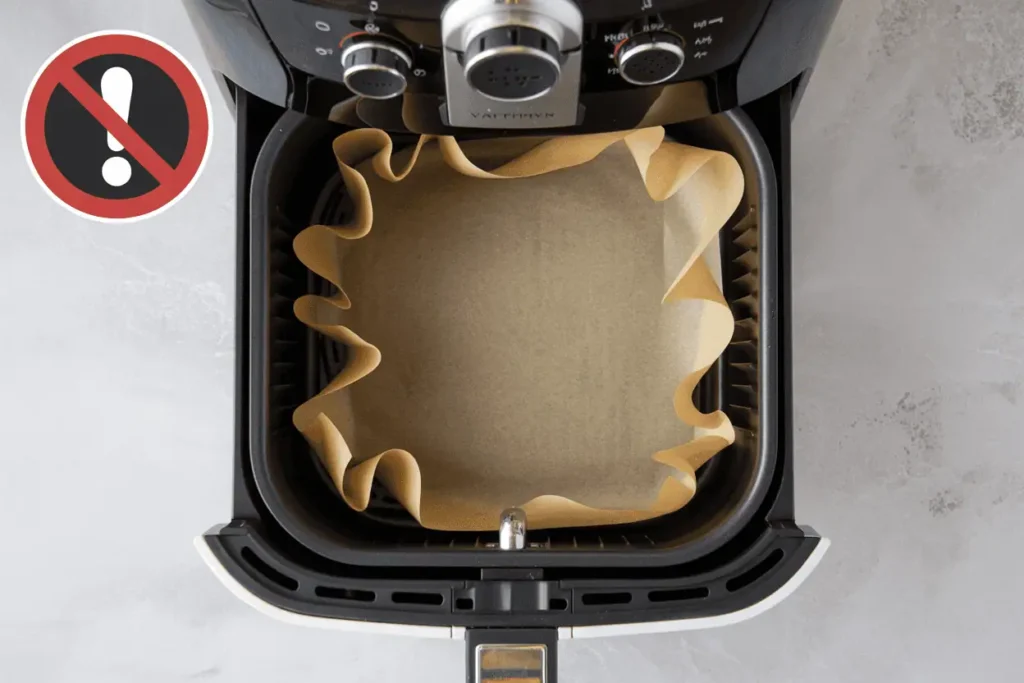 Parchment paper lifting inside an empty air fryer basket, showing unsafe liner use.