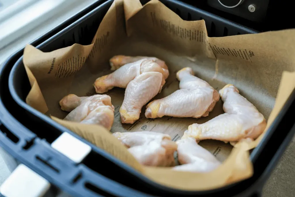 Chicken wings placed on trimmed parchment paper in an air fryer basket.