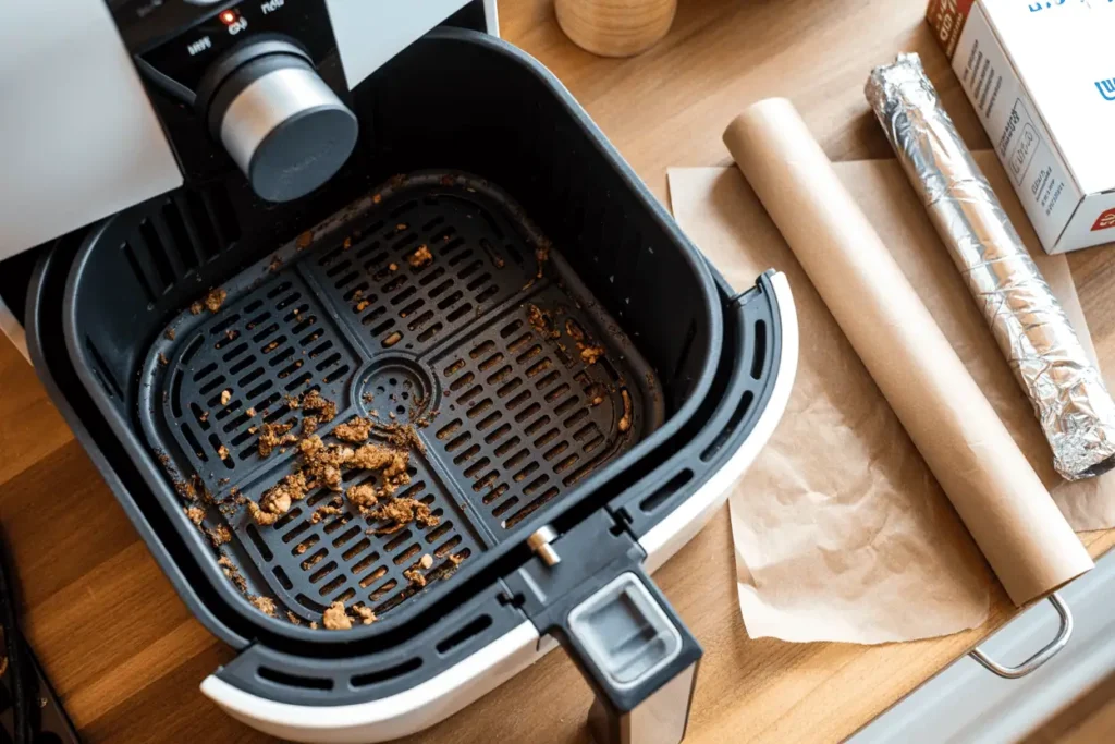 Messy air fryer basket with parchment paper and foil rolls nearby on a kitchen counter.