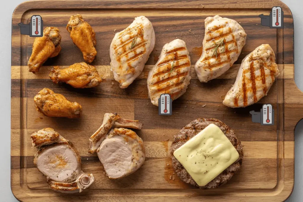 Juicy chicken wings, grilled chicken breast, pork chops, and a beef burger patty displayed on a rustic cutting board with timer and thermometer icons.